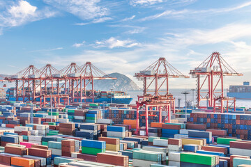 Busy container ports and beautiful nature in China