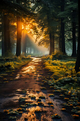 Summer, The sun shines brightly, Forest path. AI generative
