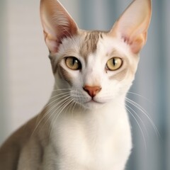 Obraz premium Portrait of a cream Oriental Shorthair cat sitting in light room beside window. Closeup face of a beautiful Oriental Shorthair cat at home. Portrait of a pale cat with light fur looking at the camera.