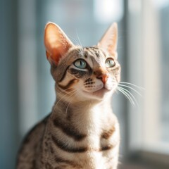 Portrait of a tabby Oriental Shorthair cat sitting in a light room beside a window. Closeup face of a beautiful Oriental Shorthair cat at home. Portrait of a cute striped cat looking outside a window.