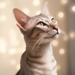 Portrait of a tabby Oriental Shorthair cat sitting in a light room beside a window. Closeup face of a beautiful Oriental Shorthair cat at home. Portrait of a cute striped cat looking to the side.