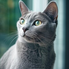 Portrait of a gray Russian Blue cat sitting in a light a room beside a window. Closeup face of a beautiful Russian Blue cat at home. Portrait of a cute cat with sleek blue gray fur looking to the side