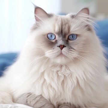 Portrait of a blue Himalayan cat lying on a sofa beside a window in a light room. Closeup face of a beautiful Himalayan cat at home. Portrait of cat with blue eyes and fluffy fur looking at the camera