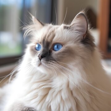 Portrait of a blue point Himalayan cat sitting in a light a room beside a window. Closeup face of a beautiful Himalayan cat at home. Portrait of cat with blue eyes and fluffy fur looking out a window.