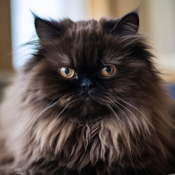 Portrait of a dark Himalayan cat sitting in a light a room beside a window. Closeup face of a beautiful Himalayan cat at home. Portrait of a black Himalayan cat with fluffy fur looking at the camera.