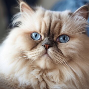 Portrait of a blue point Himalayan cat sitting in a light a room beside a window. Closeup face of a beautiful Himalayan cat at home. Portrait of a colorpoint cat with fluffy fur looking at the camera.