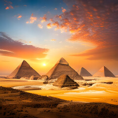 Fototapeta na wymiar Illustration created by AI generator of Egyptian landscape with famous pyramids