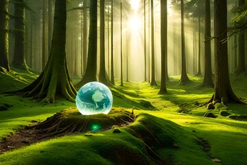 forest in the sun crystal globe on moss in a forest - environment concept gernated ai