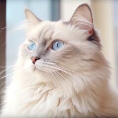 Portrait of a lilac point Ragdoll cat sitting in a light room beside a window. Closeup face of a beautiful Ragdoll cat at home. Portrait of a cute Ragdoll cat with sleek fur looking outside the window