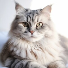 Naklejka na ściany i meble Portrait of a silver Siberian Cat lying in a light room beside a window. Closeup face of a beautiful Siberian Cat at home. Portrait of a cute Siberian Cat with puffy silver fur looking at the camera.