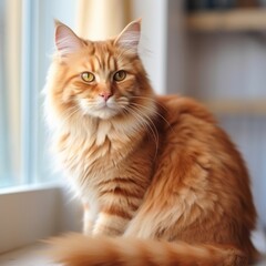 Portrait of a red Siberian Cat sitting in a light room beside a window. Closeup face of a beautiful Siberian Cat at home. Portrait of a cute red Siberian Cat with thick puffy fur looking at the camera