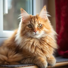 Naklejka na ściany i meble Portrait of a red Siberian Cat lying in a light room beside a window. Closeup face of a beautiful Siberian Cat at home. Portrait of a cute puffy Siberian Cat with thick red fur looking at the camera.