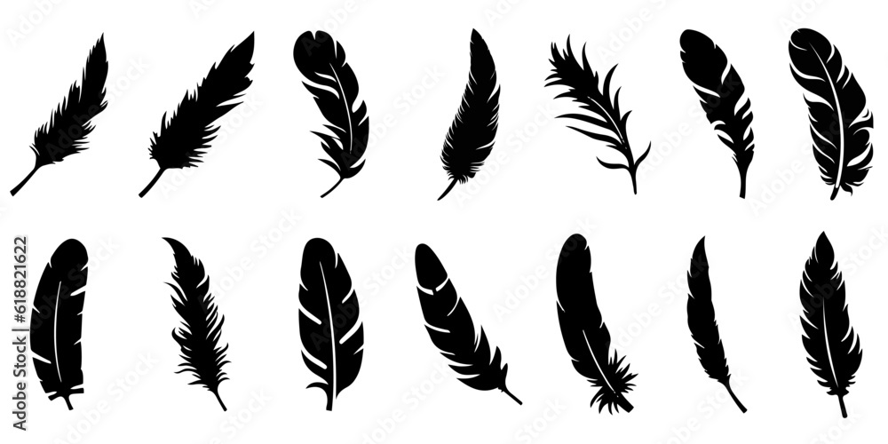 Wall mural feather icons. set of black feather icons isolated. feather silhouettes.