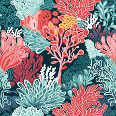 A Continuous Repeating Tile Pattern with a Vibrant Coral Reef Design | Generative AI