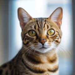 Obraz premium Portrait of a spotted Ocicat cat sitting in light a room beside a window. Closeup face of a beautiful striped Ocicat cat at home. Portrait of cute tabby cat with short sleek fur looking at the camera.