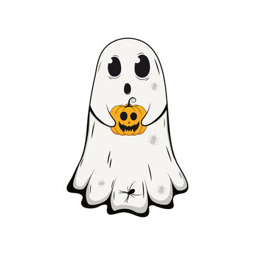 Cartoon cute ghost character holding spooky pumpkin. Funny Hallowwen spooky creatures.Vector illustration