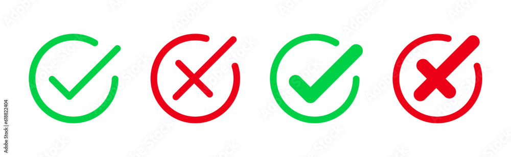 Poster check mark icon button set. check box icon with right and wrong buttons and yes or no checkmark icons in green tick box and red cross. vector illustration