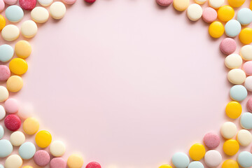 Naklejka na ściany i meble Top view lot of little round candy sweets isolated on a pastel pink background. Copy space for text, sweet candy banner template. Generative AI photo.