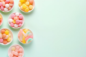 Top view lot of little round candy sweets isolated on a pastel green background. Copy space for text, sweet candy banner template. Generative AI photo.