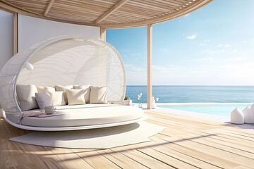 Obraz premium White lounge chairs on the terrace of a hotel, vacation time, relaxing.