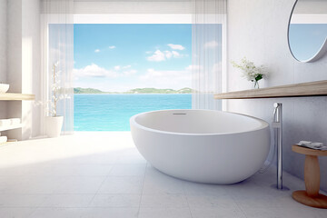 Fototapeta na wymiar Luxury beach bathtub in hotel room in vacation relaxing time.