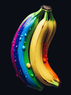 illustration of bananas in rainbow colors with drops, gay love, Tresome,  The concept of pride, a symbol of love and passion.man's face with rainbow color drops, sexy associacion