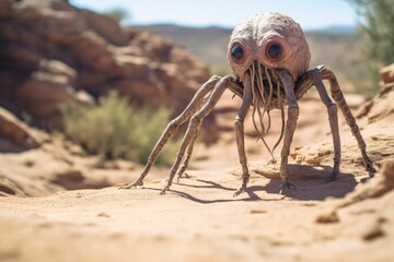 An alien creature like spider on a dusty stretch of wasteland