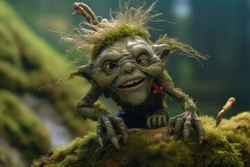 Troll creature in green magic forest. Generative AI 6three dimensional, realistic, portrait, funny, troll, creature, person, mythical creature, gnome, fantastic, character, nature, magic, green, fores - obrazy, fototapety, plakaty