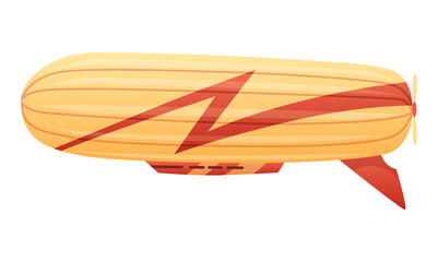 Zeppelin passenger airship. Bright colored cigar shaped balloon or retro zeppelin with stripes cabin for people elongated. Huge balloon with helium for free travel tourism.  cartoon art © designer_things