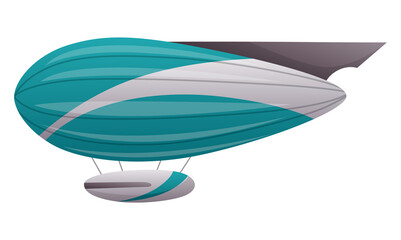 Zeppelin passenger airship. Bright colored cigar shaped balloon or retro zeppelin with stripes cabin for people elongated. Huge balloon with helium for free travel tourism.  cartoon art © designer_things