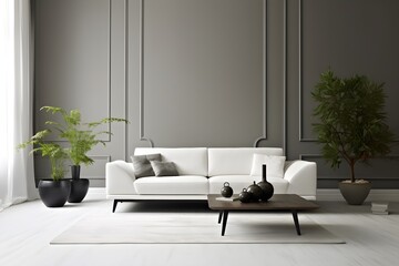 Modern white designer sofa on legs with cushions on grey carpet in middle of minimalistic living room with high ceiling, futuristic chair, plant. created generative AI
