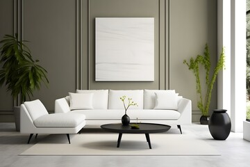 Modern white designer sofa on legs with cushions on grey carpet in middle of minimalistic living room with high ceiling, futuristic chair, plant. created generative AI