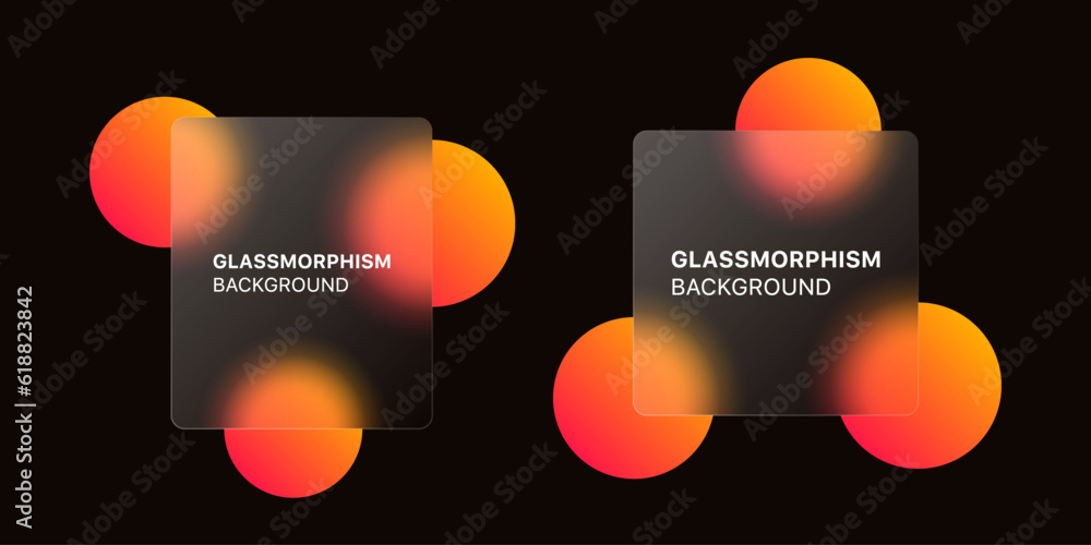 Poster glassmorphism background banner with transparent glass frame template . Realistic Frosted glass morphism effect with blurred abstract gradient orange circle shapes. Vector illustration