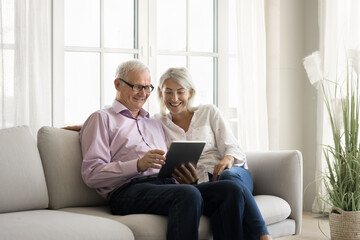 Cheerful senior married couple using modern wireless technology at home, holding tablet for online...