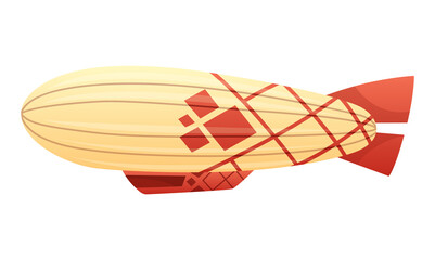 Zeppelin passenger airship. Bright colored cigar shaped balloon or retro zeppelin with stripes cabin for people elongated. Huge balloon with helium for free travel tourism.  cartoon art © designer_things