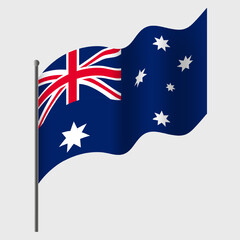 Waved Australia flag. Australian flag on flagpole. Vector emblem of Australia