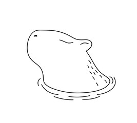 Vector isolated one single cute cartoon capybara head in water side view colorless black and white contour line easy drawing
