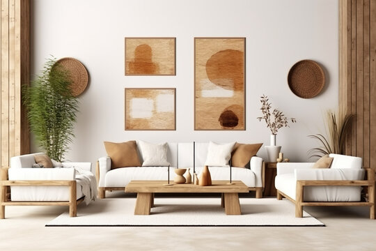 Frame mockup in living room interior background, modern Style, 3D render, generative ai