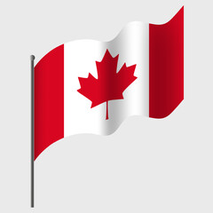Waved Canada flag. Canadian flag on flagpole. Vector emblem of Canada