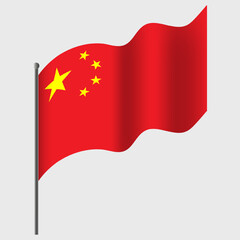 Waved China flag. Chinese flag on flagpole. Vector emblem of China