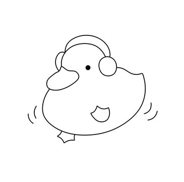 Vector isolated one single cute cartoon dancind duck in headphones colorless black and white contour line easy drawing