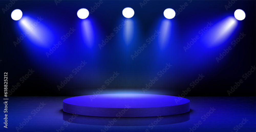 Poster empty interior with stage and shining projectors. 3d vector illustration