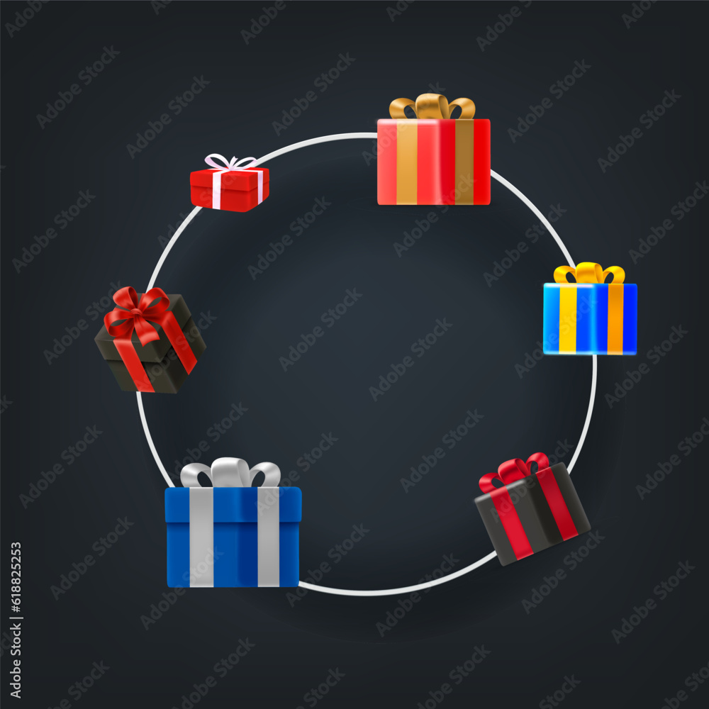 Aufkleber Abstract vector background with circle frame with gift boxes. Landing page template. 3d vector illustration