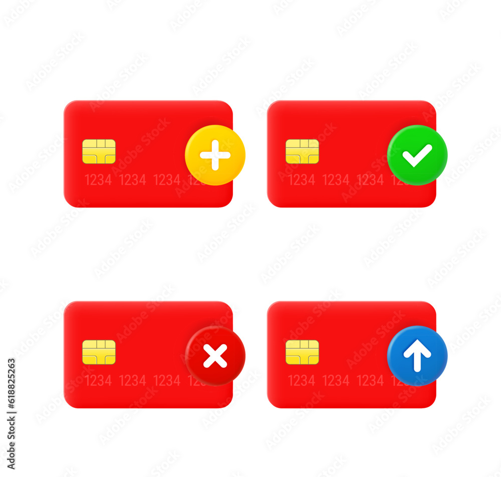 Aufkleber plastic card icon set with different pictograms. 3d vector icons set