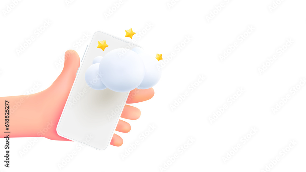 Poster Man holding smartphone with cloud. 3d banner with copy space