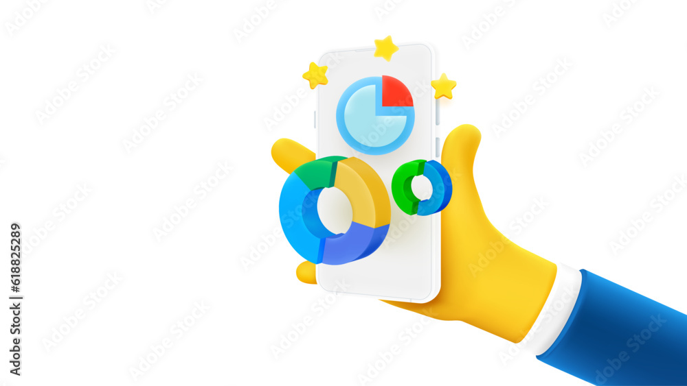 Poster Man holding smartphone with charts on the screen. 3d vector banner with copy space