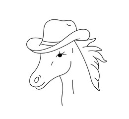 Vector isolated one single cute cartoon horse in cowboy hat head portrait colorless black and white contour line easy drawing