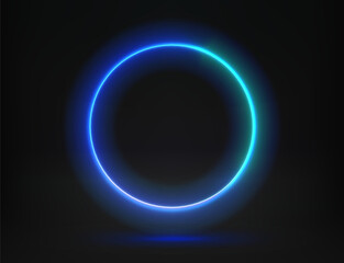 Abstract studio with glowing circle frame of neon light. 3d vector illustration