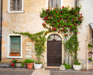 Obraz na płótnie Canvas Traditional Italian house front with beautiful plants surrounding the door. Italy travel concept. Europe travel. Classic architecture.