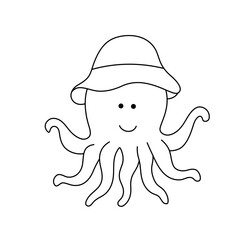 Vector isolated one single cute cartoon smiling octopus in panama hat colorless black and white contour line easy drawing